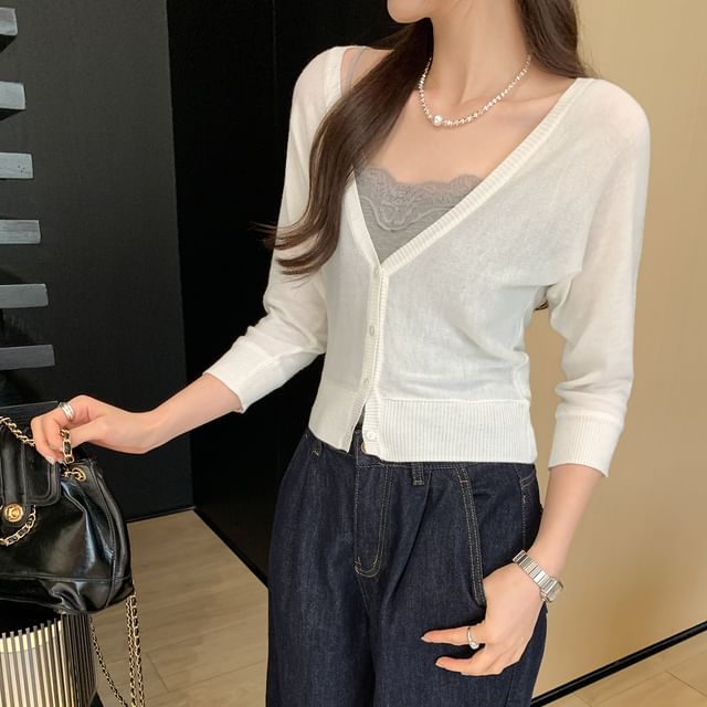 Asiris-34-Sleeve V-Neck Button-Up Plain Sheer Crop Cardigan