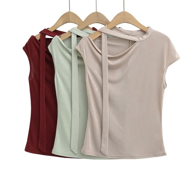 Asiris-Cap-Sleeve Asymmetrical Neck Plain T-Shirt
