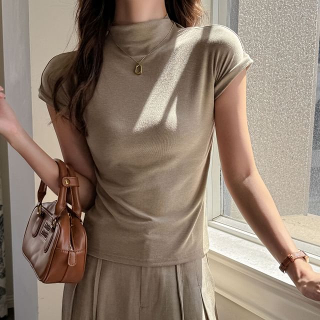 Asiris-Cap-Sleeve Mock Neck Plain T-Shirt