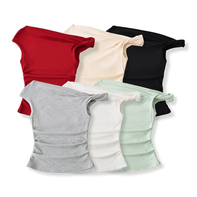 Asiris-Cap-Sleeve One-Shoulder Plain Ruched Tee