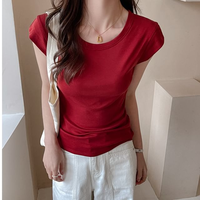 Asiris-Cap-Sleeve Round Neck Plain Ruched T-Shirt