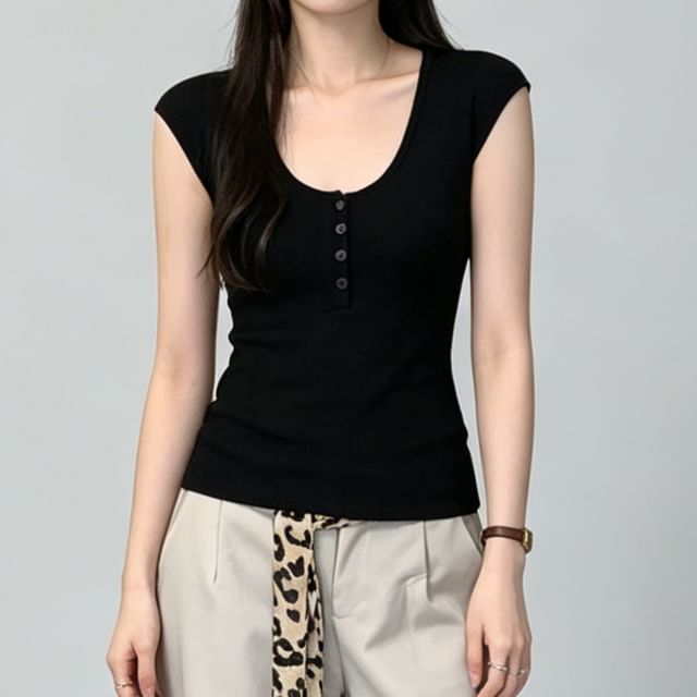 Asiris-Cap-Sleeve Scoop Neck Plain Slim Fit Knit Top
