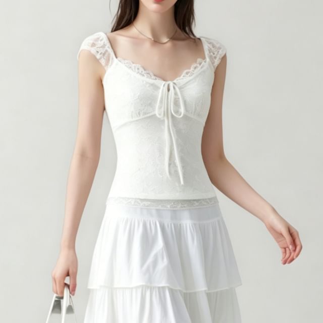 Asiris-Cap-Sleeve Square Neck Lace Trim Plain Crop Top