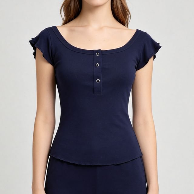 Asiris-Cap-Sleeve Square Neck Plain Henley T-Shirt