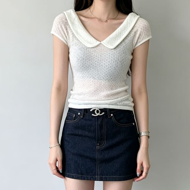 Asiris-Cap-Sleeve V-Neck Collared Plain Knit Top