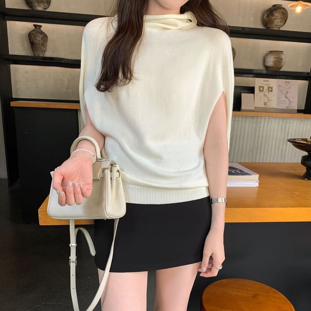 Asiris-Cape Sleeve Mock Neck Plain Knit Top