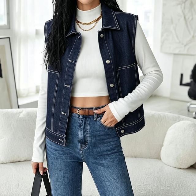 Asiris-Collared Button-Up Contrast Denim Vest