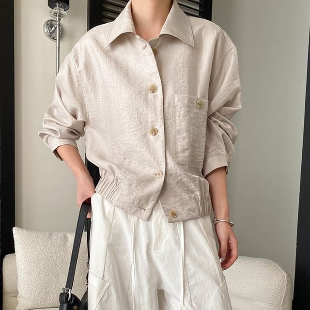 Asiris-Collared Plain Button Up Shirt Jacket