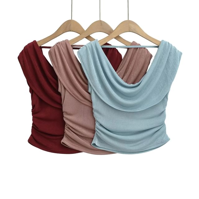 Asiris-Cowl Neck Plain Ruched Tank Top