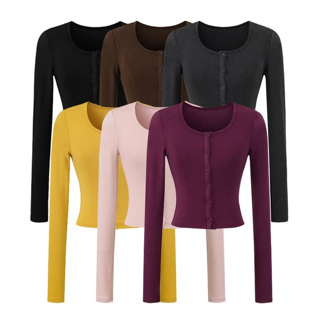 Asiris-Crew Neck Button-Up Plain Crop Cardigan