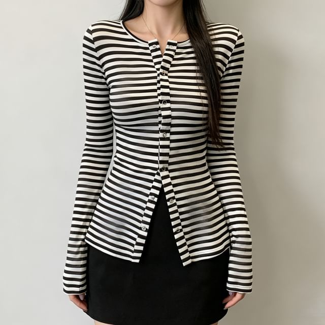 Asiris-Crew Neck Striped Button-Up Cardigan