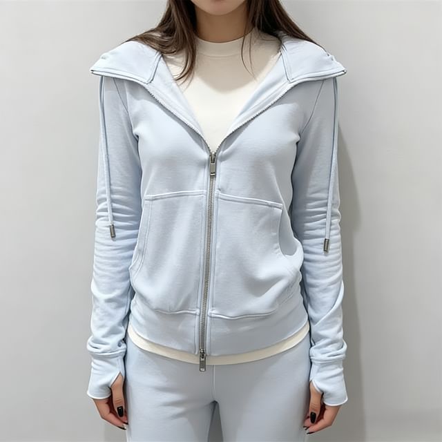 Asiris-Drawstring Plain Zip Hoodie