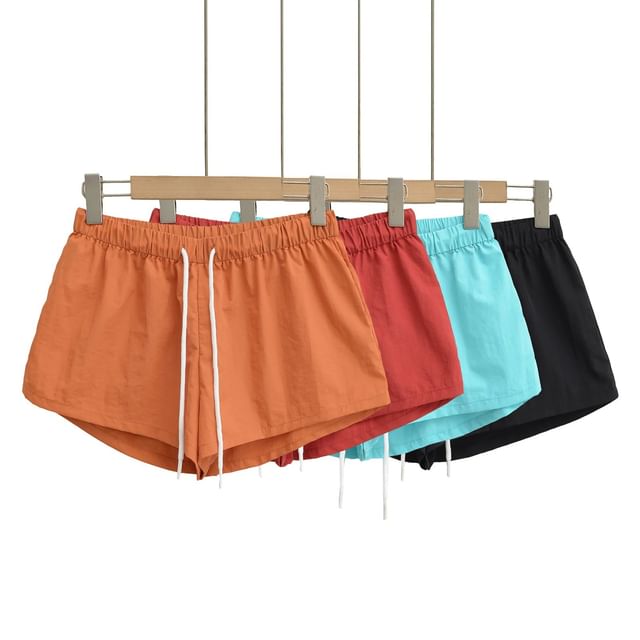 Asiris-Drawstring Waist Plain Hot Pants