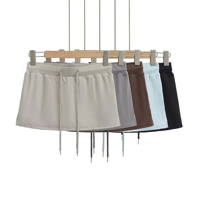 Asiris-Drawstring Waist Plain Mini A-Line Skirt