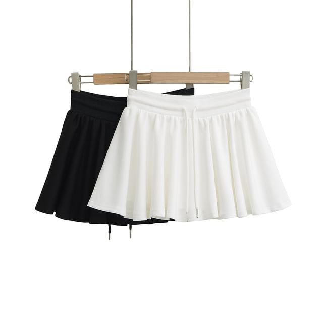 Asiris-Drawstring Waist Plain Mini A-Line Skirt