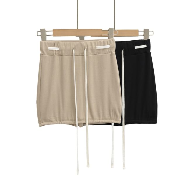 Asiris-Drawstring Waist Plain Mini Pencil Skort