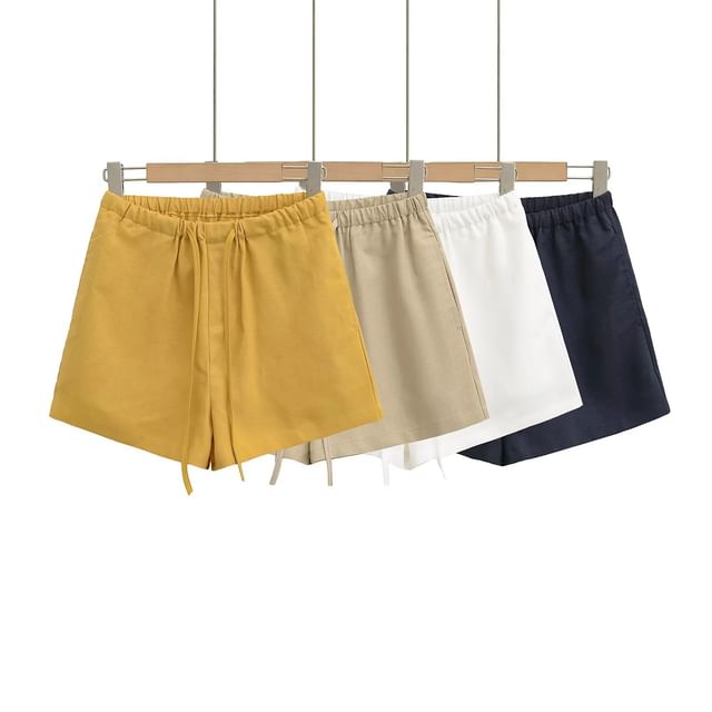 Asiris-Drawstring Waist Plain Shorts