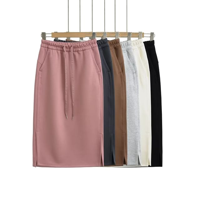 Asiris-Drawstring Waist Plain Side-Slit Midi H-Line Skirt