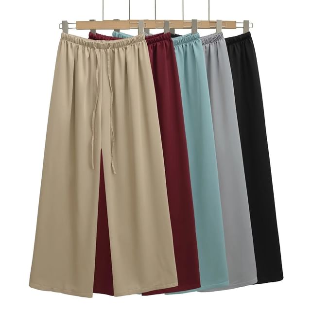 Asiris-Drawstring Waist Plain Wide Leg Pants