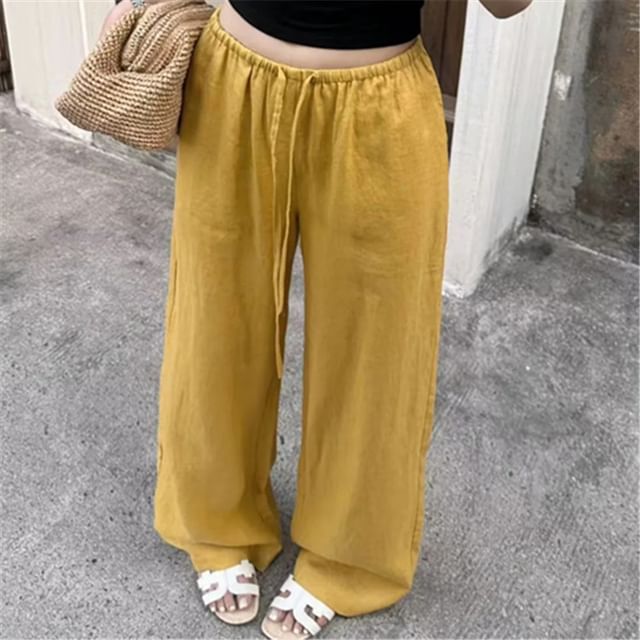 Asiris-Drawstring Waist Plain Wide Leg Pants Various Designs
