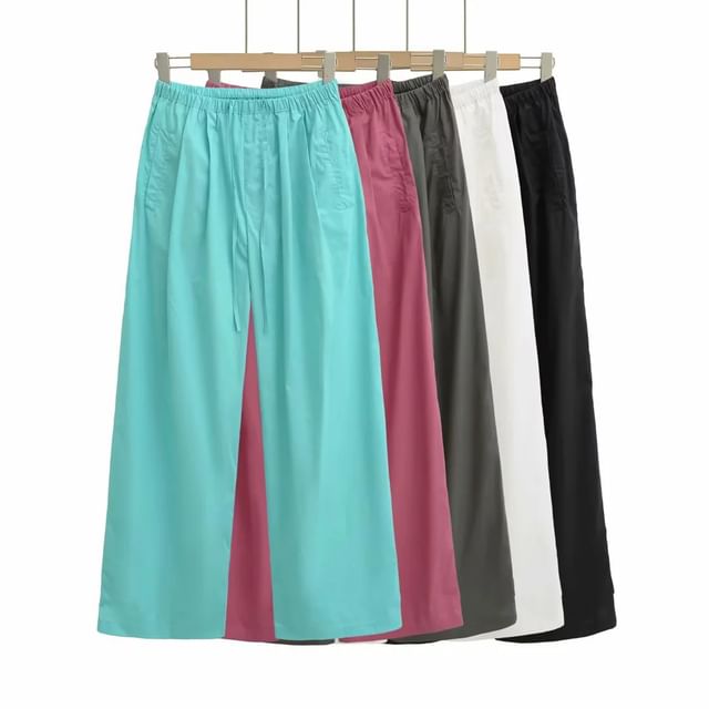 Asiris-Drawstring Waist Plain Wide Leg Pants