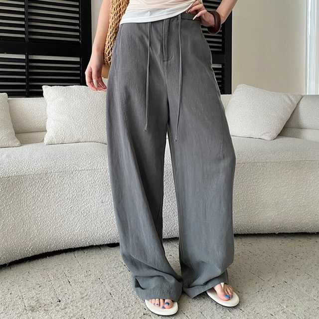 Asiris-Drawstring Waist Plain Wide Leg Pants