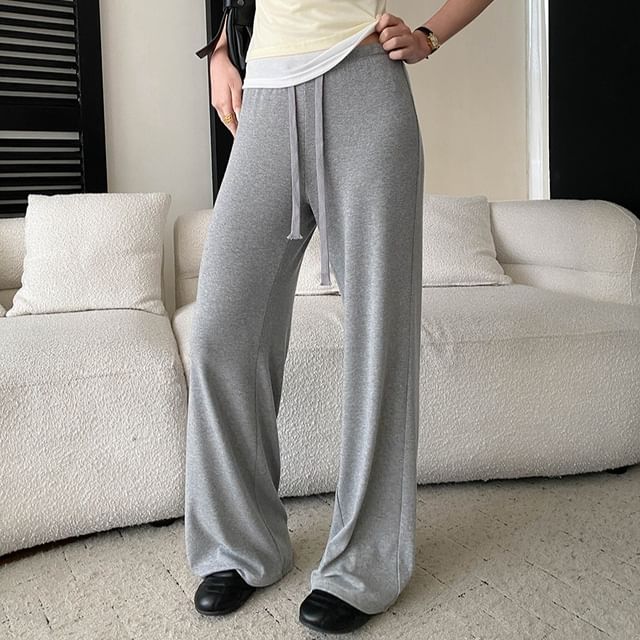 Asiris-Drawstring Waist Plain Wide Leg Pants