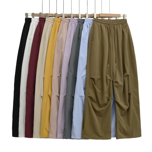 Asiris-Drawstring Waist Plain Wide Leg Parachute Pants