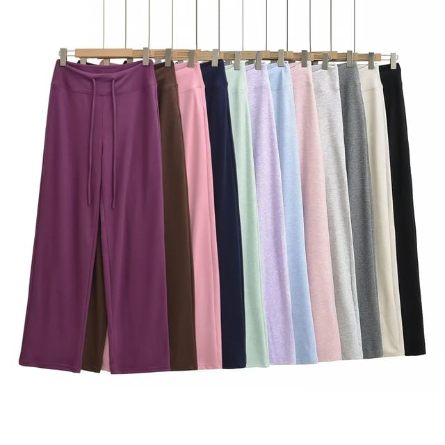Asiris-Drawstring Waist Plain Wide Leg Sweatpants Various Designs
