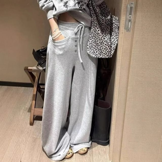 Asiris-Drawstring Waist Plain Wide Leg Sweatpants