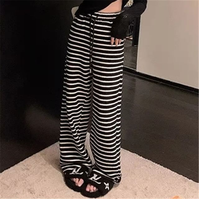 Asiris-Drawstring Waist Striped Wide Leg Sweatpants