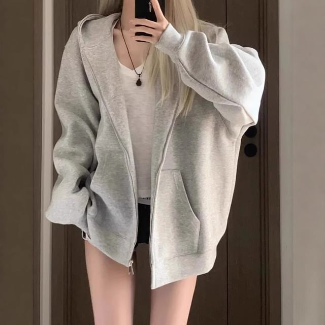 Asiris-Drop Shoulder Plain Zip Hoodie