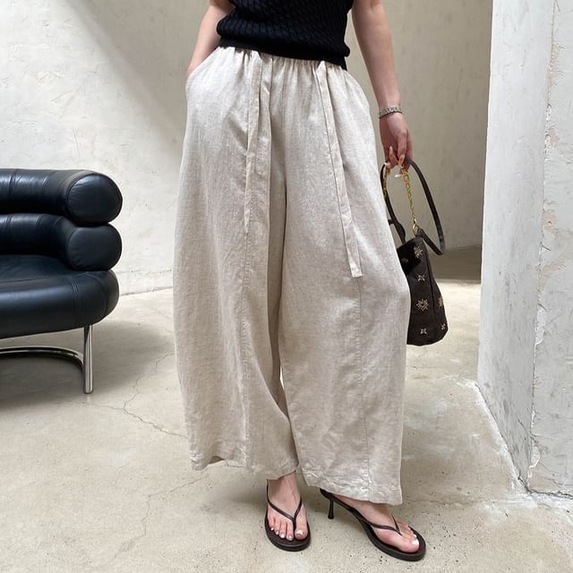 Asiris-Elastic Waist Plain Cropped Baggy Pants