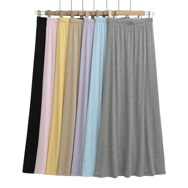 Asiris-Elastic Waist Plain Maxi A-Line Skirt