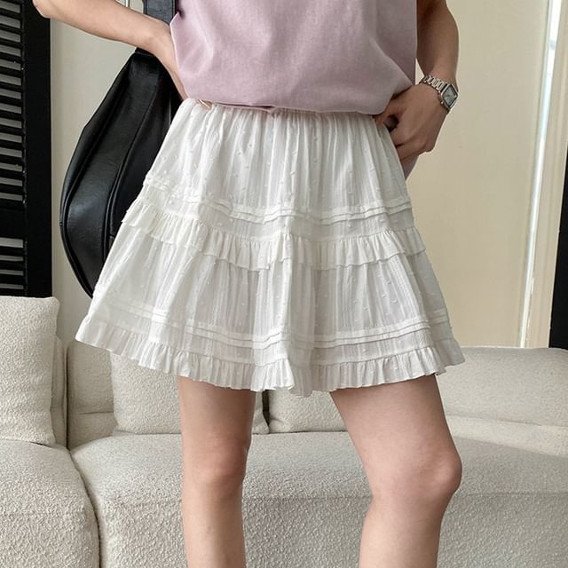Asiris-Elastic Waist Plain Ruffle Mini A-Line Skirt