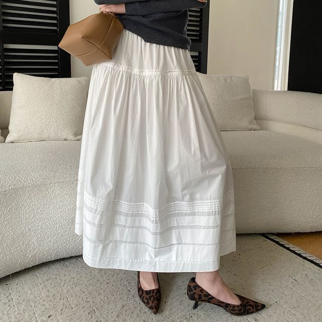 Asiris-Elastic Waist Plain Striped Maxi A-Line Skirt