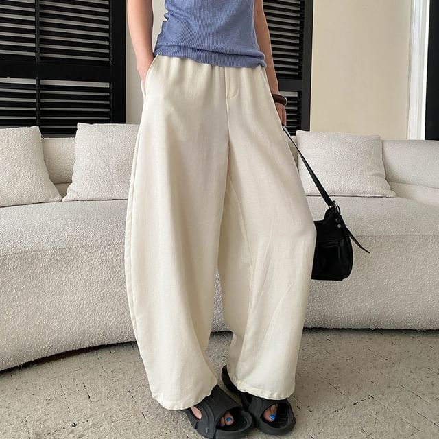 Asiris-Elastic Waist Plain Wide Leg Pants
