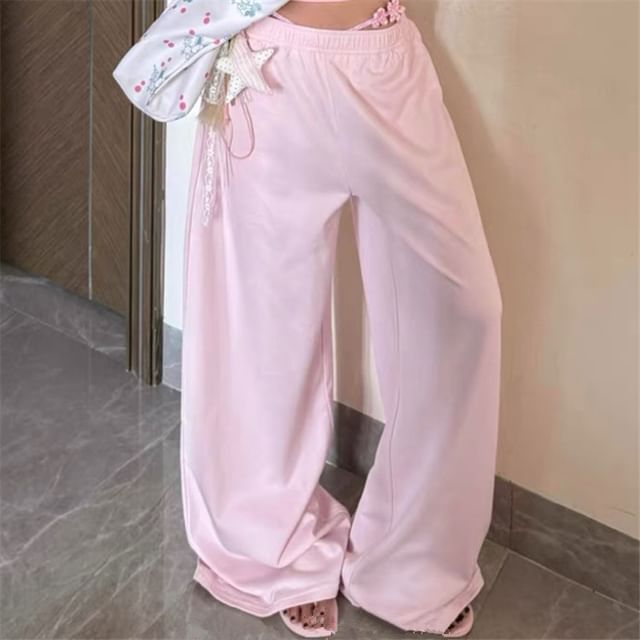 Asiris-Elastic Waist Plain Wide Leg Sweatpants