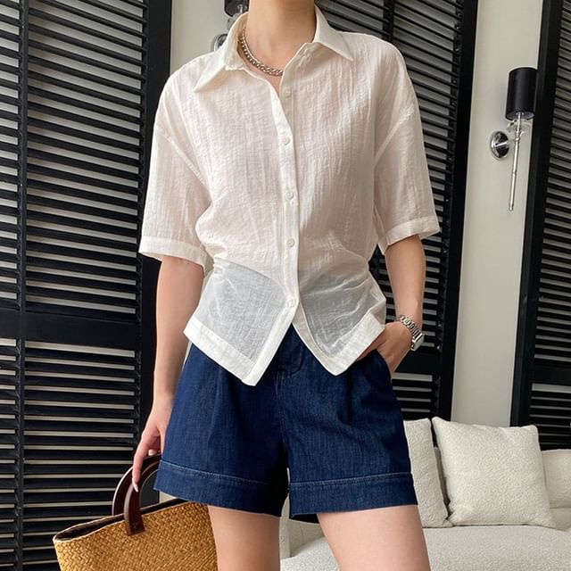 Asiris-Elbow-Sleeve Linen Button-Up Plain Shirt