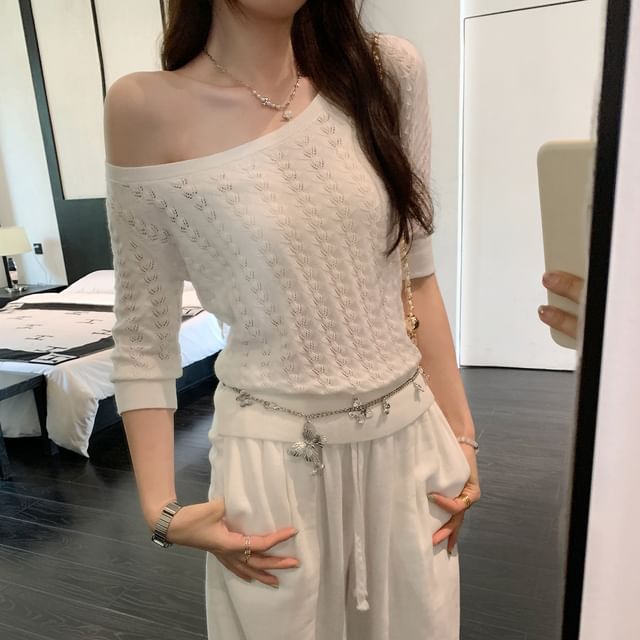 Asiris-Elbow-Sleeve Off Shoulder Plain Knit Top