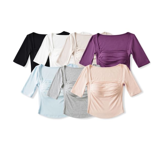Asiris-Elbow-Sleeve Square Neck Plain Ruched Tee