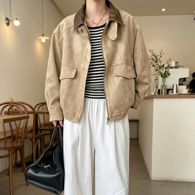 Asiris-Faux Leather Collared Zip-Up Shearling Jacket