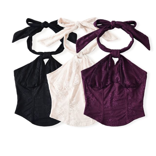 Asiris-Floral Lace Asymmetrical Halter Top