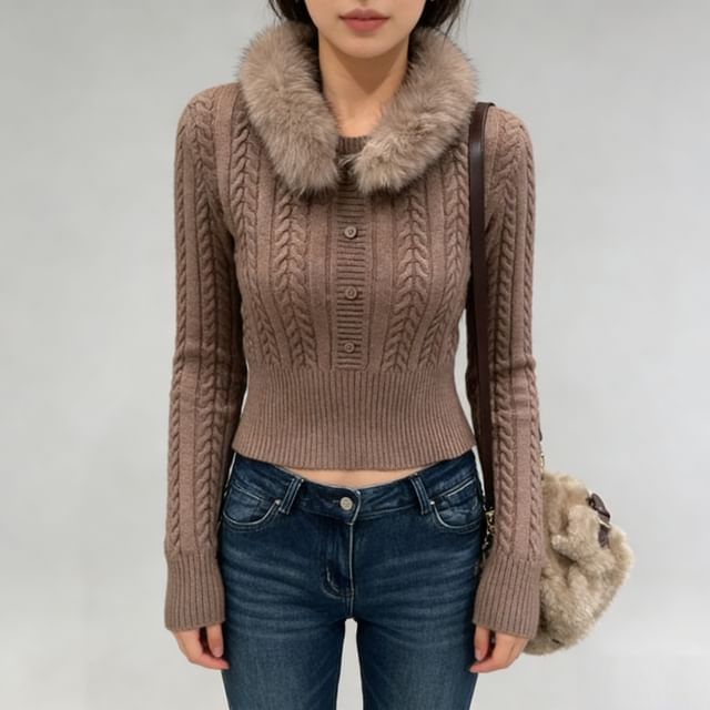 Asiris-Fluffy Trim V-Neck Plain Cable Knit Sweater