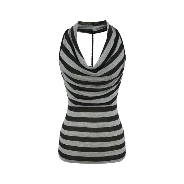Asiris-Halter Cowl Neck Striped Open Back Slim Fit Top