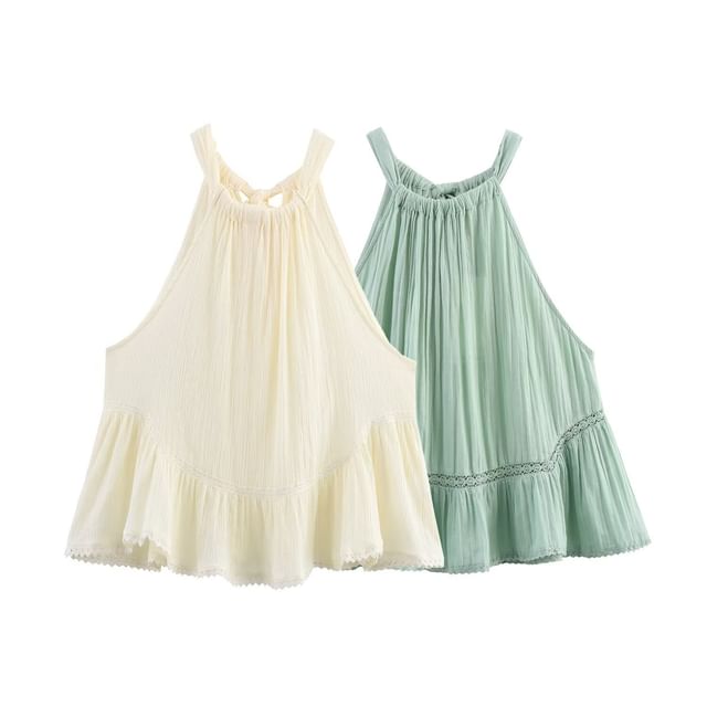 Asiris-Halter Neck Plain Lace Panel Tie Back Top