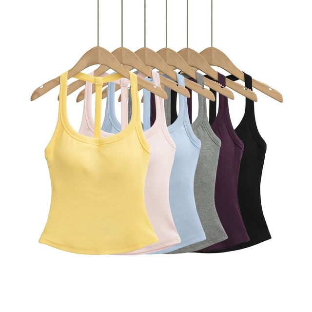 Asiris-Halter Neck Plain Padded Open Back Crop Top