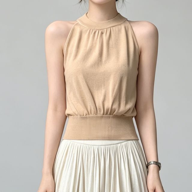 Asiris-Halter Neck Plain Ruched Crop Top
