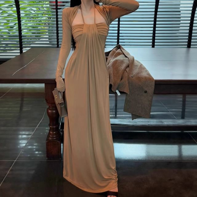 Asiris-Halter Neck Plain Ruched Open Back Maxi Sheath Dress