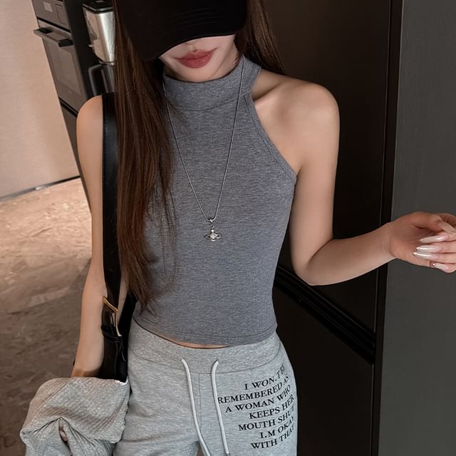 Asiris-Halter Neck Plain Tank Top